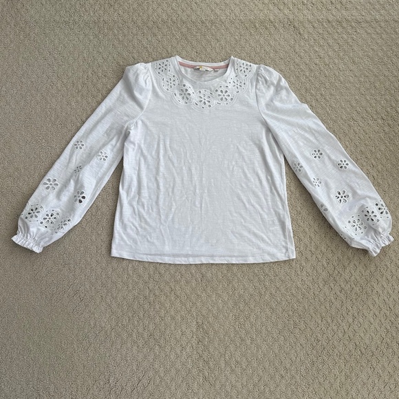 Boden Broderie Insert Long Sleeve Jersey Top White 6 Embroidered Preppy Cut-Out - Picture 5 of 15